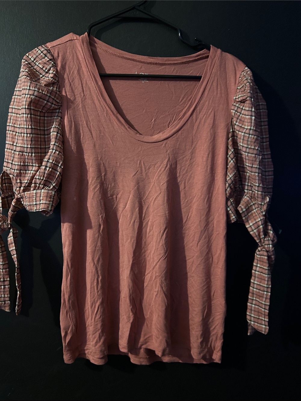 LOFT Dusty Rose Scoop Neck Top with Plaid Tie Puff Sleeves